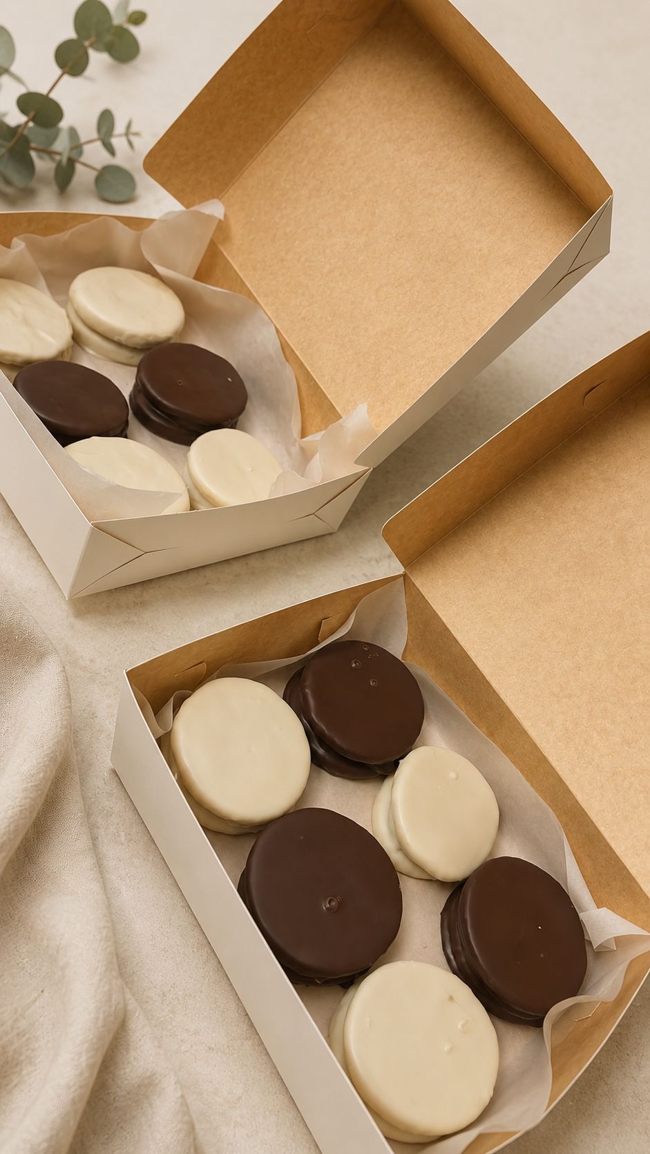 Detalle de cajas TRANKA con alfajores blancos y negros